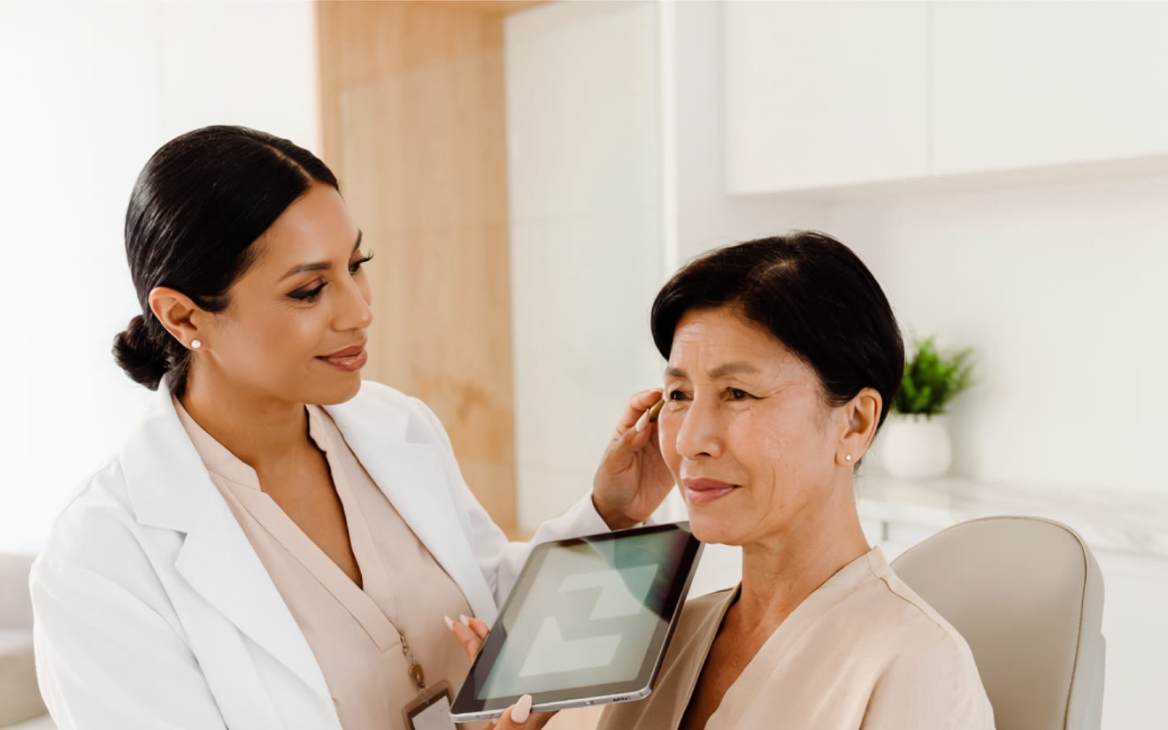 Practitioner talking a client through her skin assessment on a tablet during a consultation